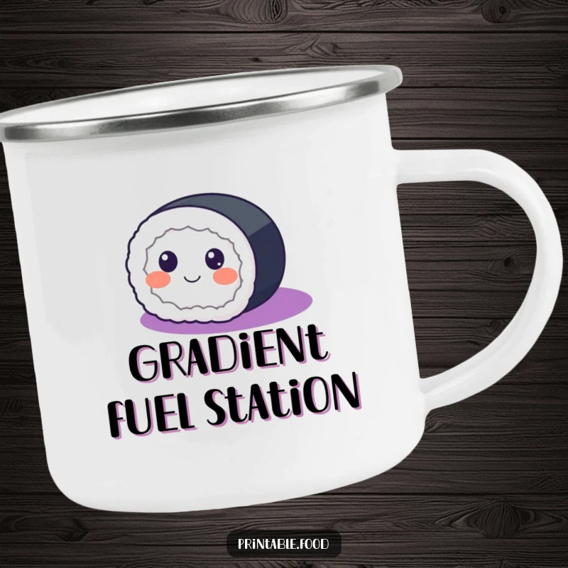 Funny Camping Mug featuring a happy sushi roll with eyes rolling across a purple gradient, great for outdoor enjoyment.