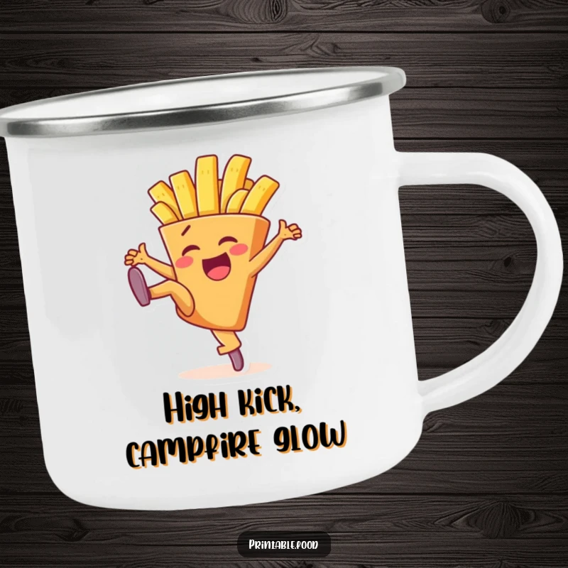 Funny camping mug featuring a delighted french fry character performing a dynamic high kick, ready for outdoor fun.