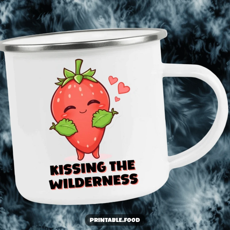 Funny Strawberry Kiss Camping Mug: A giggling strawberry character with leafy arms sends a kiss, bringing sweet humor to your adventures.