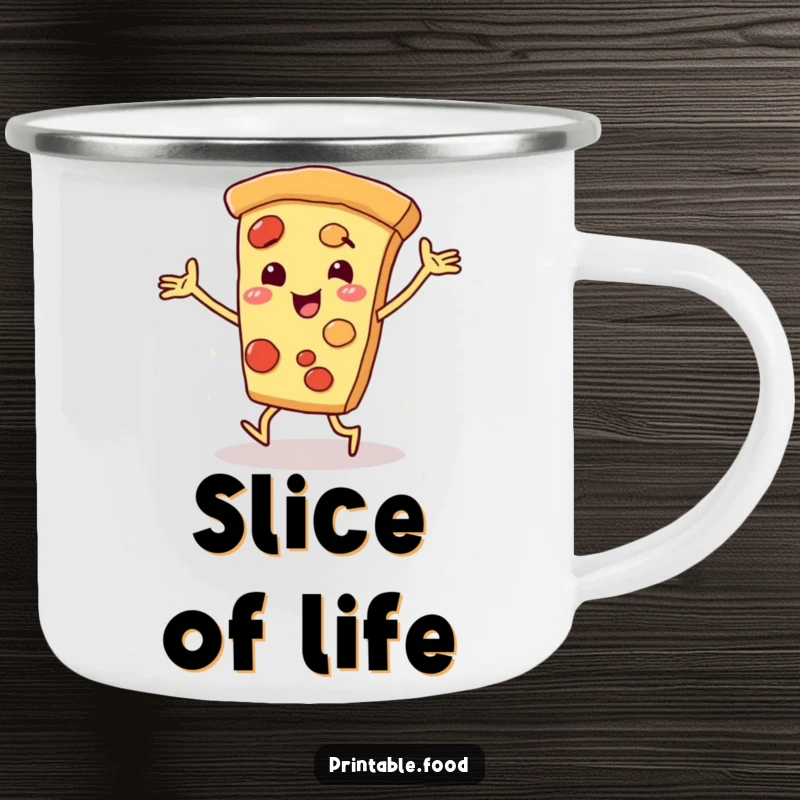 Funny pizza slice character with arms and legs dancing energetically on a rugged camping mug, perfect for outdoor enjoyment.