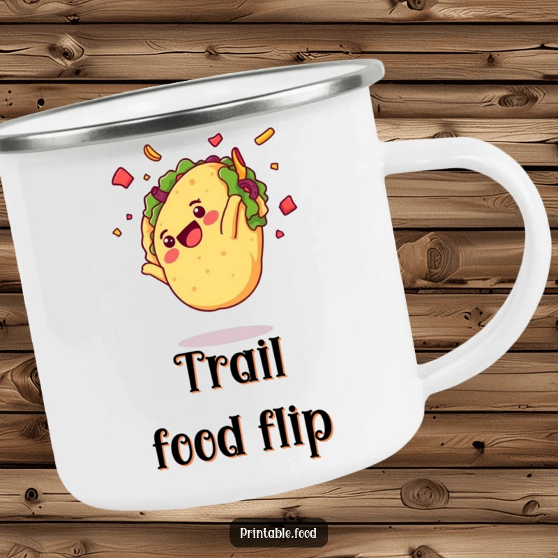 Funny camping mug with a delighted taco character doing a somersault, ideal for outdoor fiesta humor and as a unique gift.
