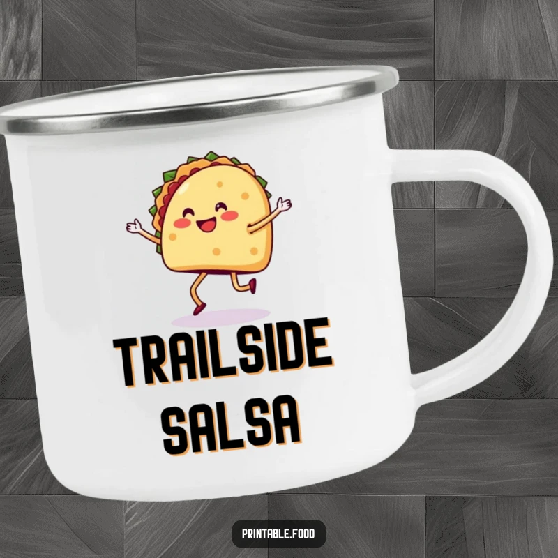 Funny camping mug featuring a taco with legs dancing the salsa, ideal for outdoor adventurers with a taste for fun.