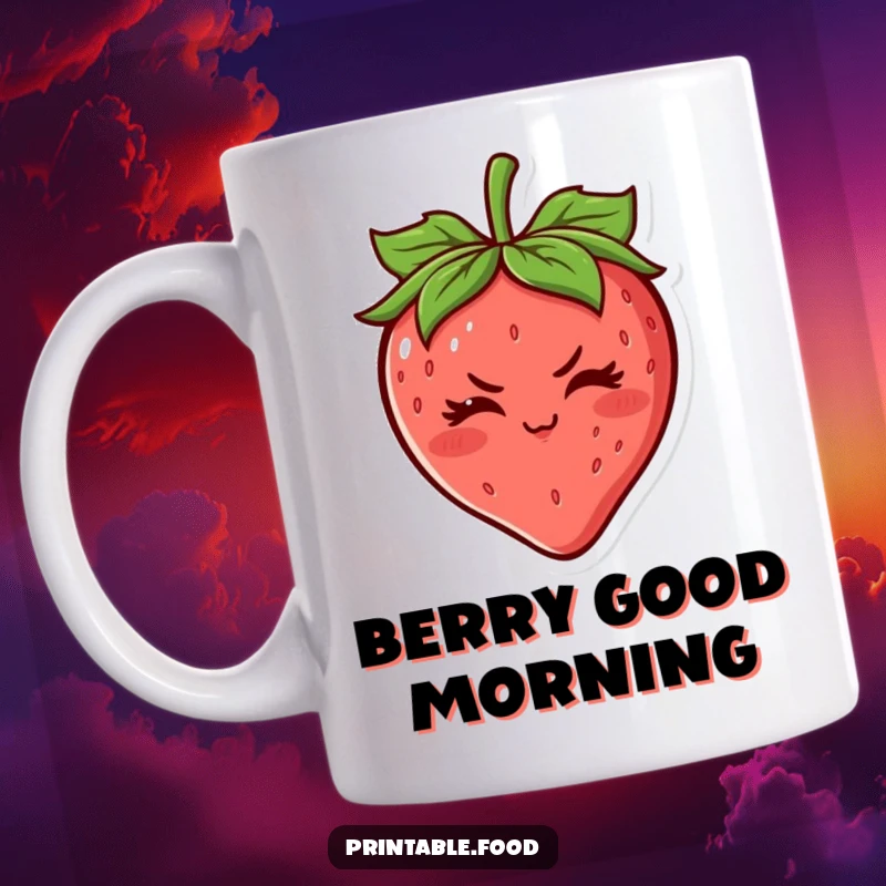 Funny Strawberry Mug: A cheerful strawberry character gives a determined wink, radiating sweetness and playful confidence.