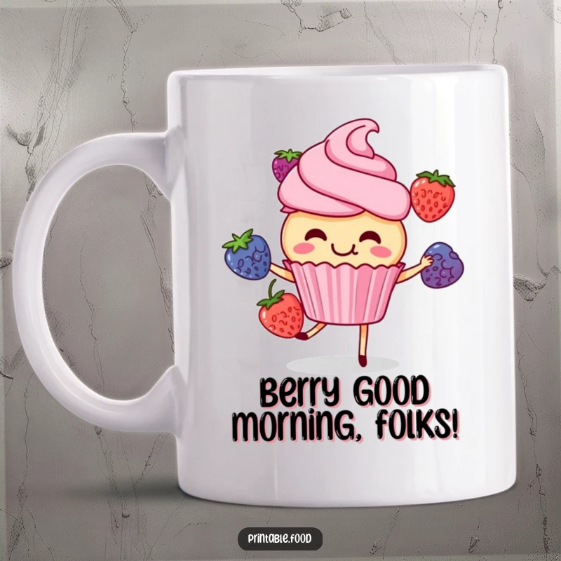 Funny cupcake character happily giggling while juggling three colorful berries, perfect for a cheerful and funny mug.