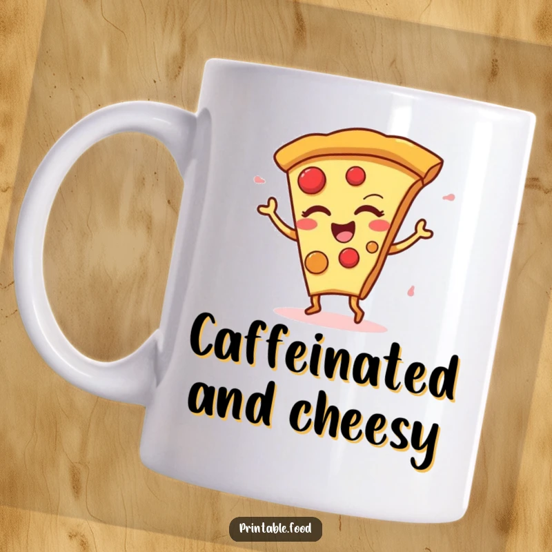 Funny Mug showing a winking slice of pizza performing an energetic, silly dance with joyful abandon.
