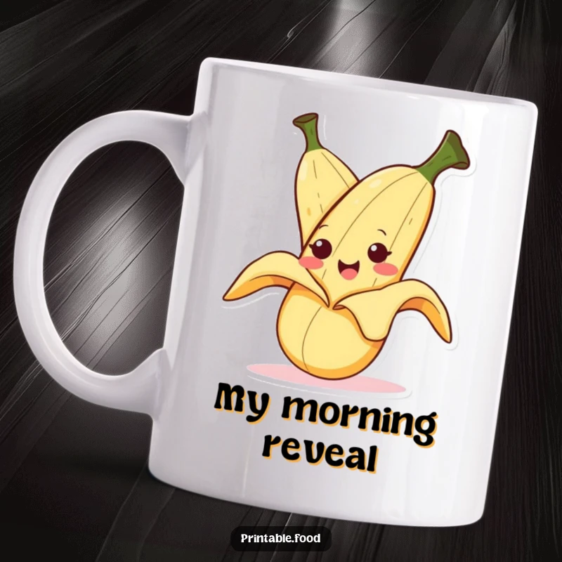 Funny mug showing a smiling banana character in the process of peeling itself with a mischievous, cheeky expression.