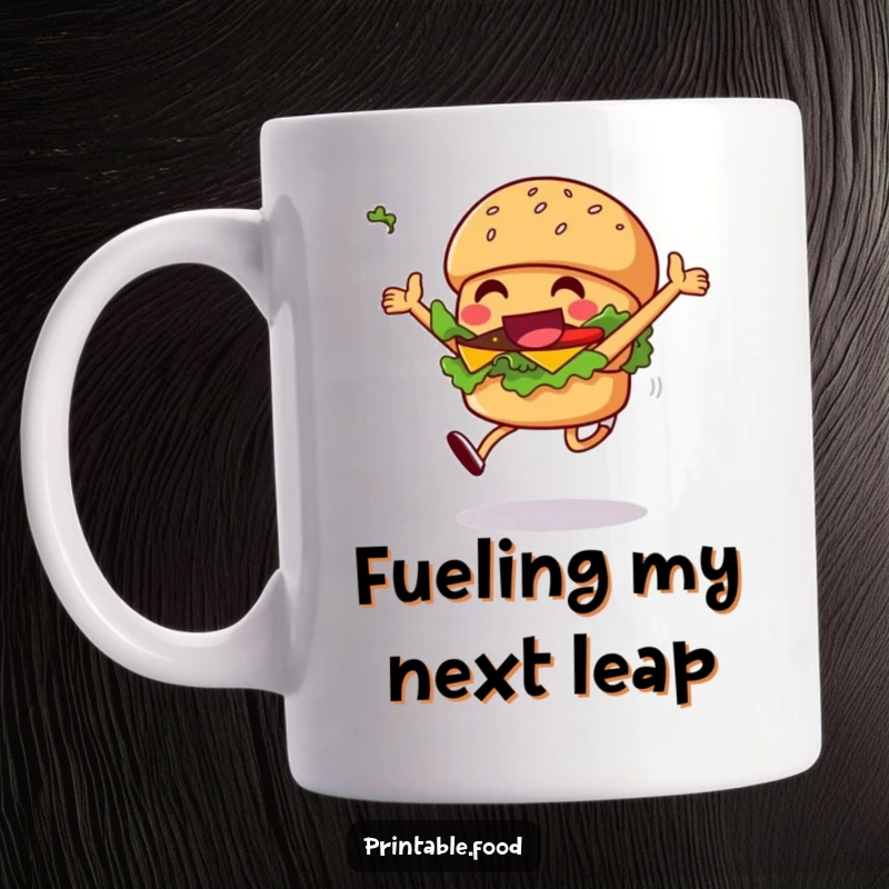 Funny grinning burger mug with a character leaping joyfully, lettuce flying, perfect for burger lovers and food enthusiasts.