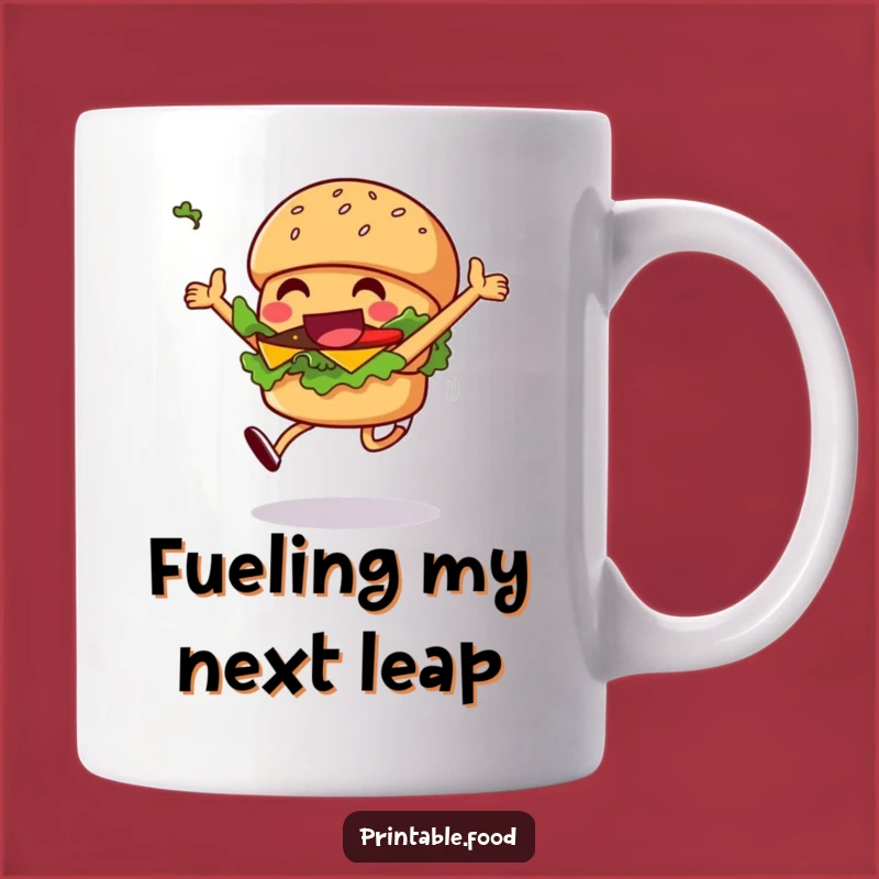 Funny Burger Mug: Grinning Leaping Character, Perfect Funny Gift for Foodies