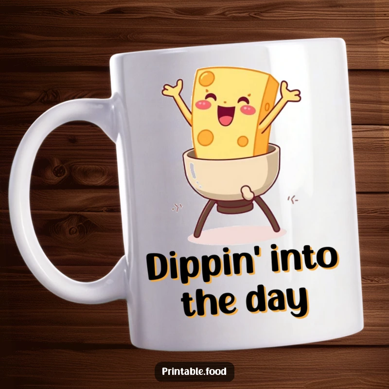 Funny Cheese Fondue Mug: A delighted block of cheese joyfully leaps into a steaming pot of fondue, embracing cheesy bliss.