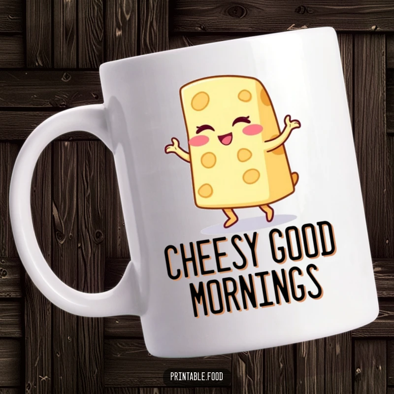 Funny mug showing a winking cheese wedge character doing a playful jig, radiating pure, cheesy delight and humor.
