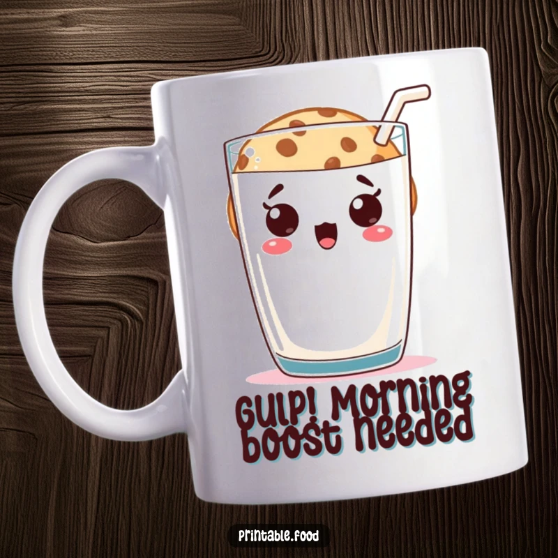 Funny cookie character looking surprised while peeking from behind a large glass of milk, ideal for a humorous mug.