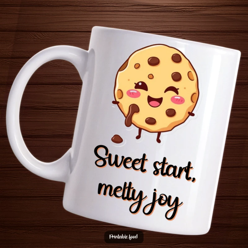 Funny mug with a happy cookie character, chocolate chips melting, conveying sweet joy and humor.
