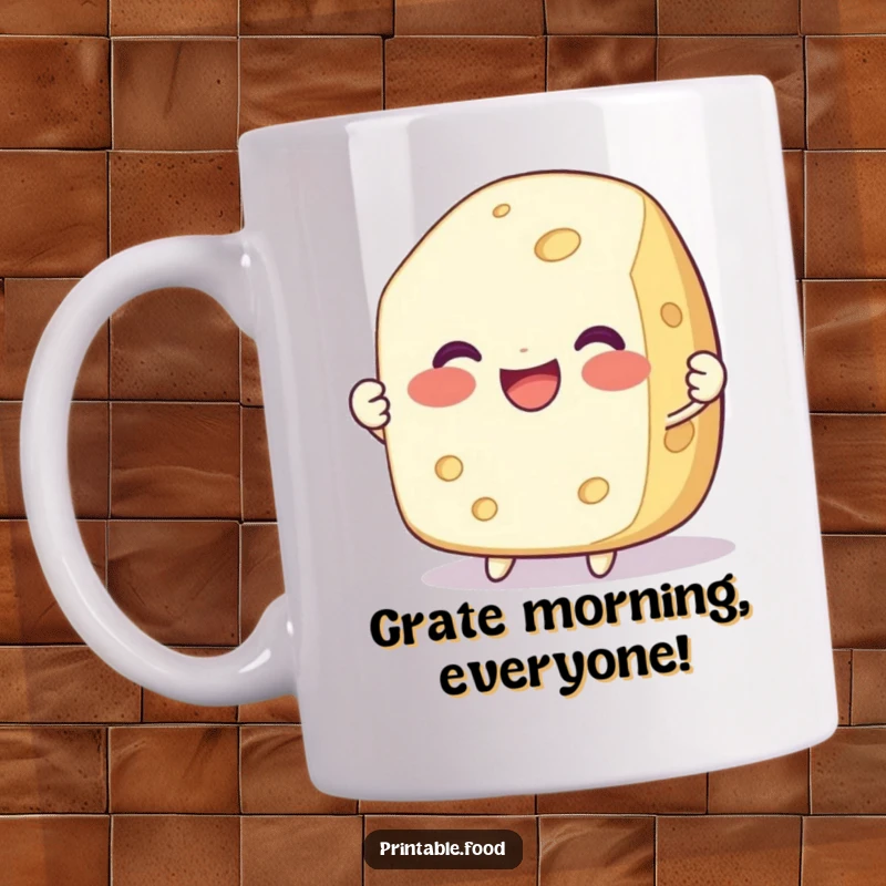 Funny mug showcasing a delighted cheese character with a smile, being pulled apart, expressing pure cheesy joy.