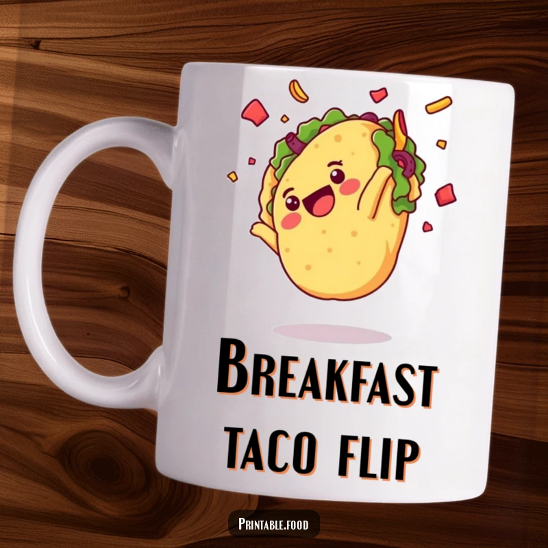 Funny mug with a delighted taco character performing a somersault, with toppings flying, a festive and humorous gift.