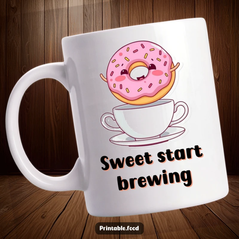Funny Mug featuring a giggling donut with sprinkles jumping over a teacup, embodying playful joy and sweet delight.
