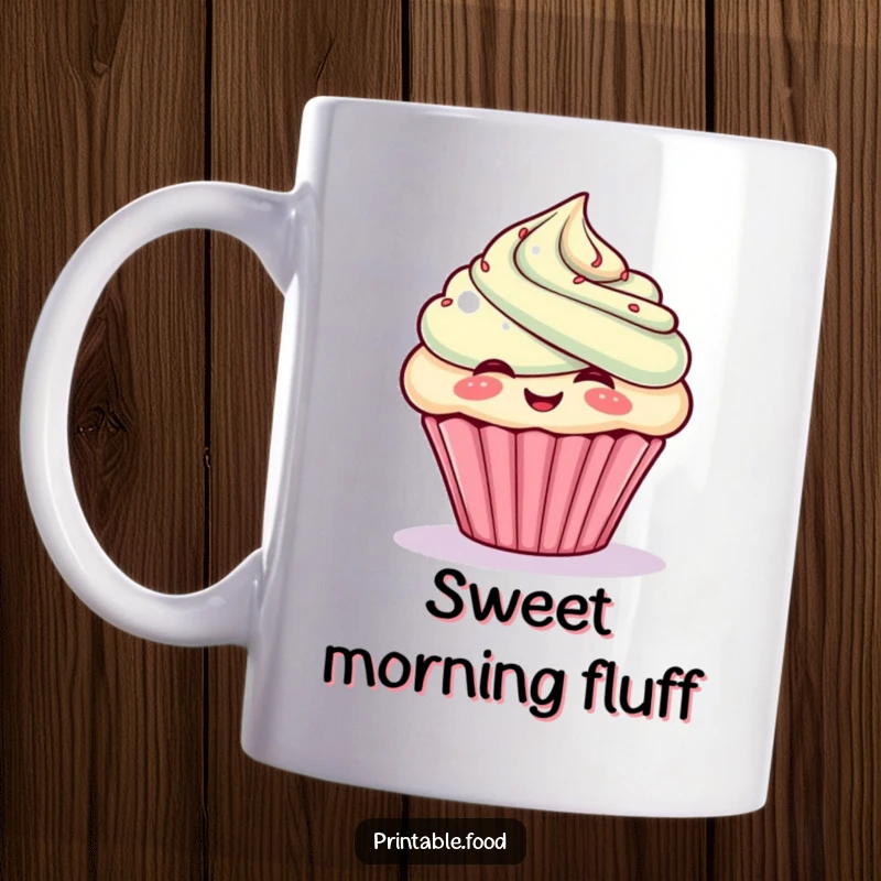 Funny mug with a giggling cupcake character puffing out its frosting with glee, symbolizing sweet joy.
