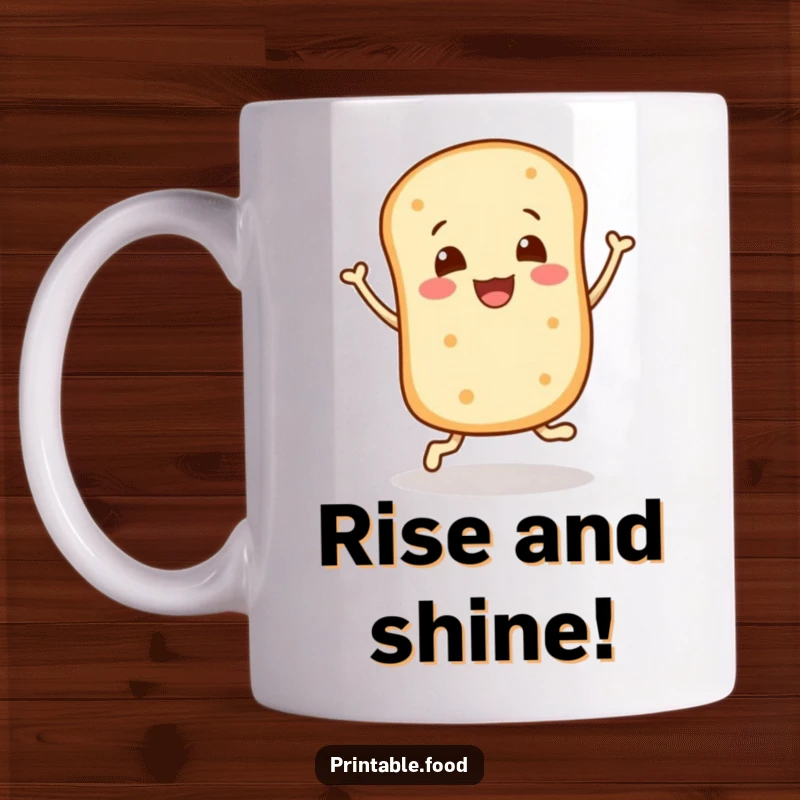 Funny mug: A cheerful bread roll character bounces joyfully, radiating pure happiness and simple delight.
