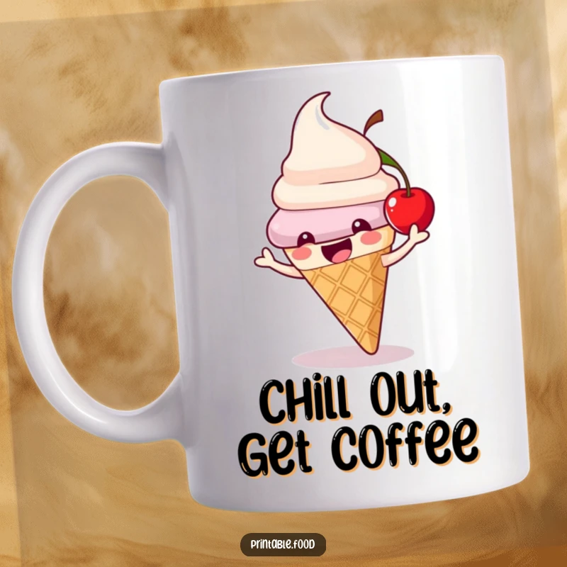 Funny ice cream cone mug featuring a playful character with a bouncing cherry on top, perfect for ice cream enthusiasts.