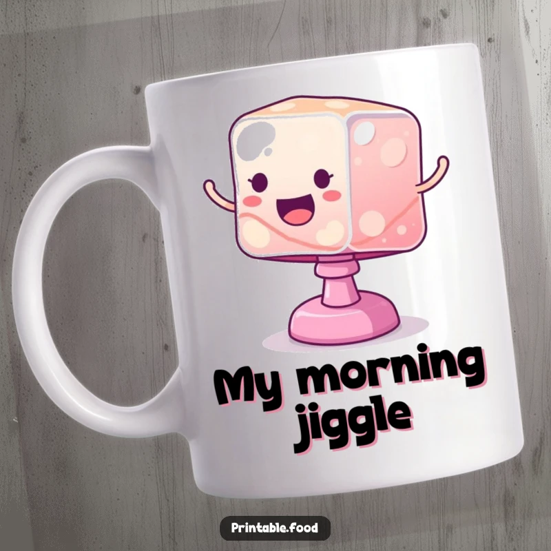 Funny mug featuring a wobbly jelly cube bouncing excitedly on its base, symbolizing playful energy and cheerful movement.
