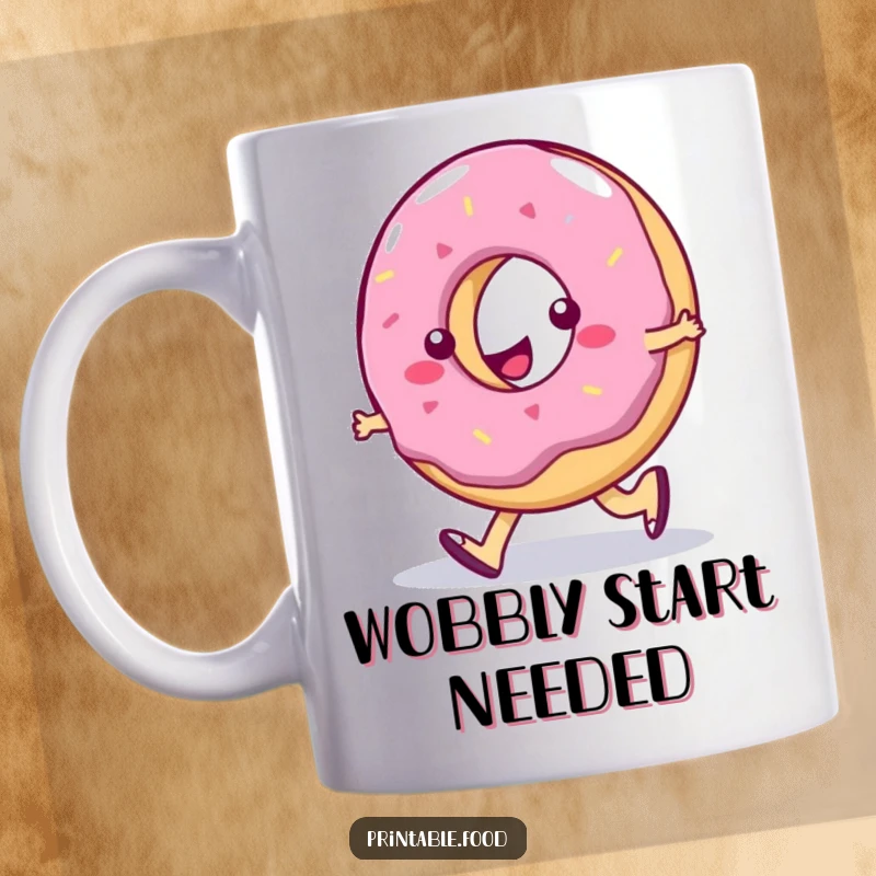 Funny Mug: A wobbly jelly donut character performing a comical silly walk with a joyful, clumsy expression, embodying dessert humor.