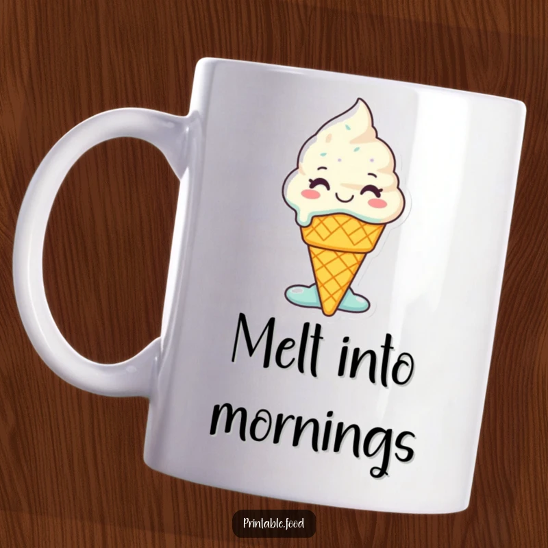 Funny Ice Cream Mug: A smiling ice cream cone character melts with pure glee, capturing the essence of sweet delight.