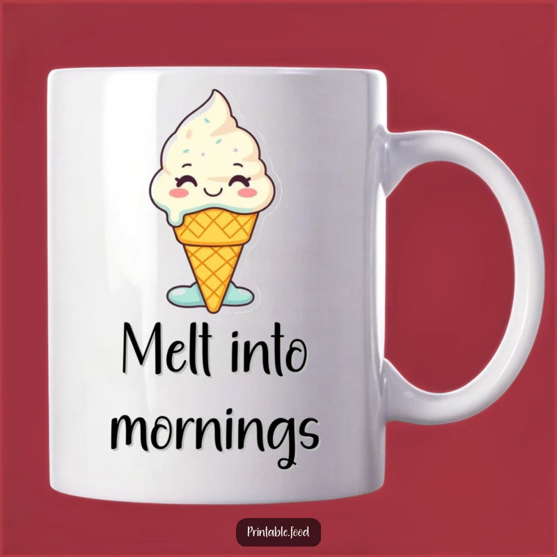 Indulge in pure happiness with this mug featuring a smiling ice cream cone character melting with glee. Perfect for dessert lovers and those who enjoy life's sweet moments.