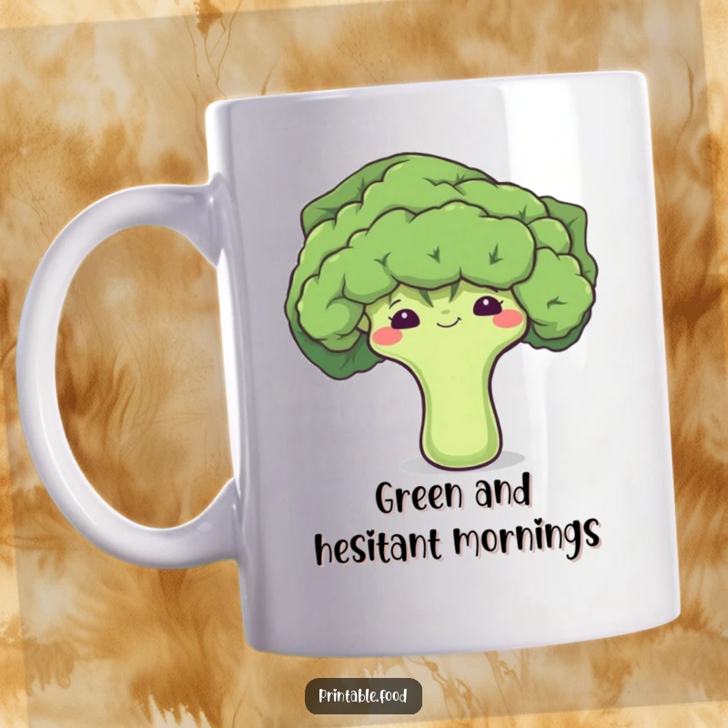 Funny mug featuring a shy broccoli floret peeking cutely from behind a large green leaf, expressing bashfulness.