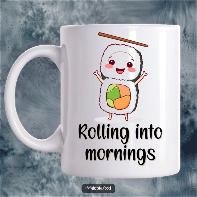 Funny Mug showcasing a smiling sushi roll character performing a handstand, expertly balancing chopsticks, a culinary delight.