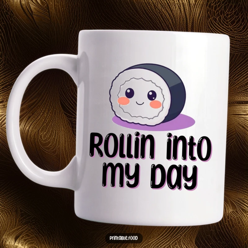 Funny Mug featuring a happy sushi roll with eyes rolling across a vibrant purple gradient, exuding joy.