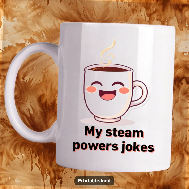 Funny coffee mug with a winking, steaming character caught in a hearty laugh, bringing joy and humor to any coffee break.