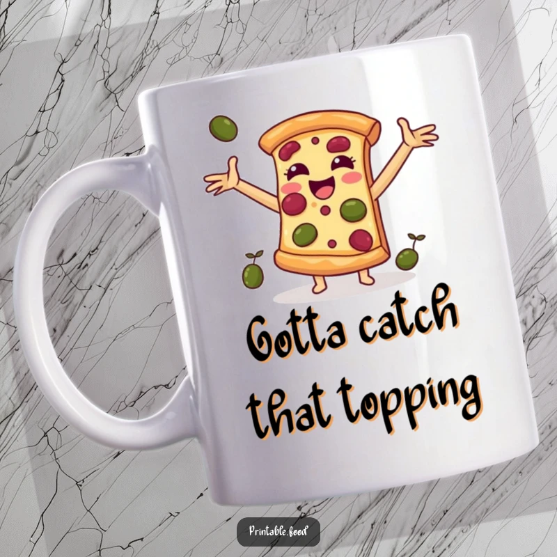 Funny mug featuring a cheerful pizza slice character with outstretched arms, catching falling black olives with a smile.