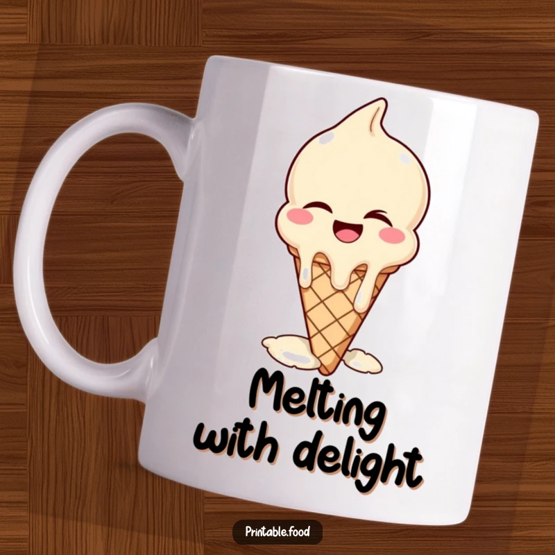 Funny mug depicting a winking ice cream cone melting delightfully with laughter, a sweet and amusing treat.