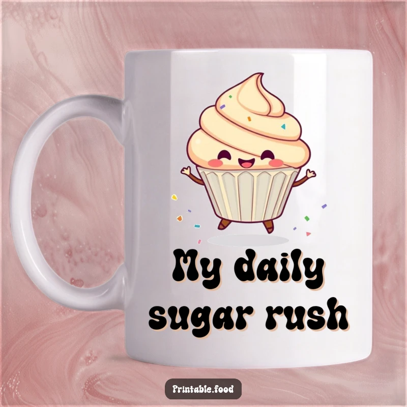 Funny Mug showcasing a gleeful cupcake character in mid-spin, leaving a vibrant trail of sprinkles: pure joy and energy.