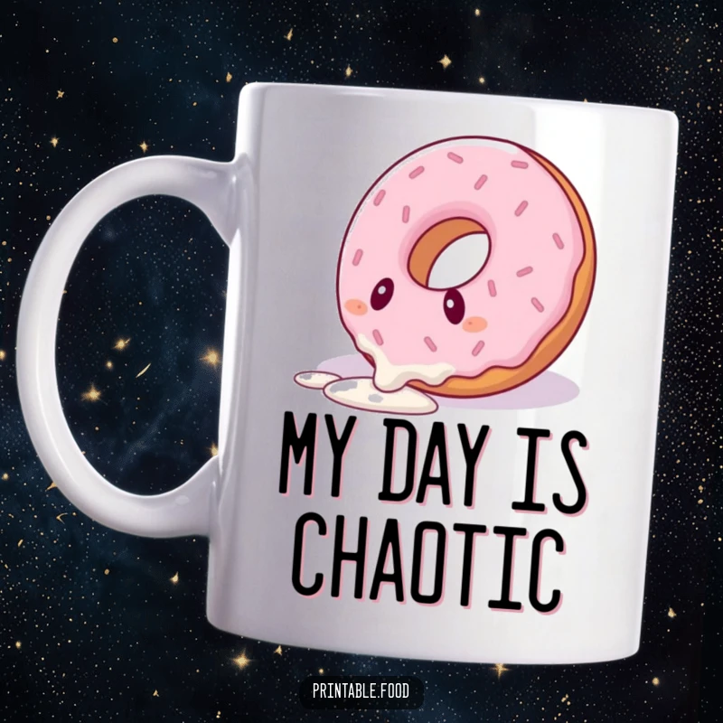 Funny mug depicting a donut comically tripping over its own melted icing drizzle, a sweet and clumsy moment.