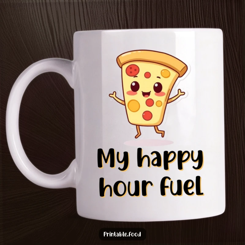 Funny mug with a playful pizza slice character doing a jaunty jig, conveying cheesy joy and fun.