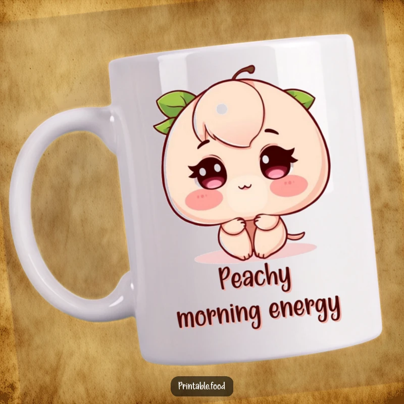 Funny Blushing Peach Mug: A charming peach blushing vibrantly, with rosy cheeks, radiating a cute and bashful appeal.