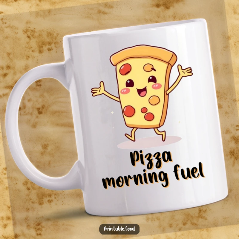 Funny smiling pizza slice character with arms and legs dancing joyfully on a mug, representing pure food-related happiness.