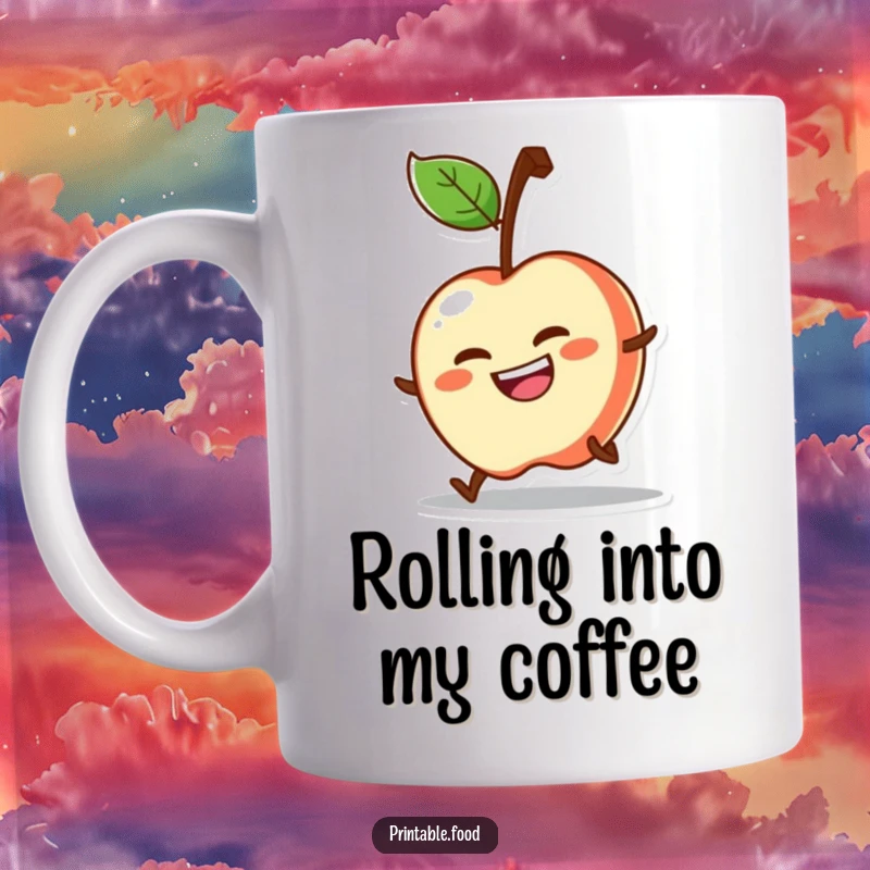 Funny mug featuring a determined apple character grinning as it rolls energetically downhill, full of zest.