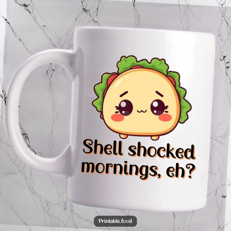 Funny mug featuring a wide-eyed, surprised taco character with its shell slightly open, expressing comical shock and delight.
