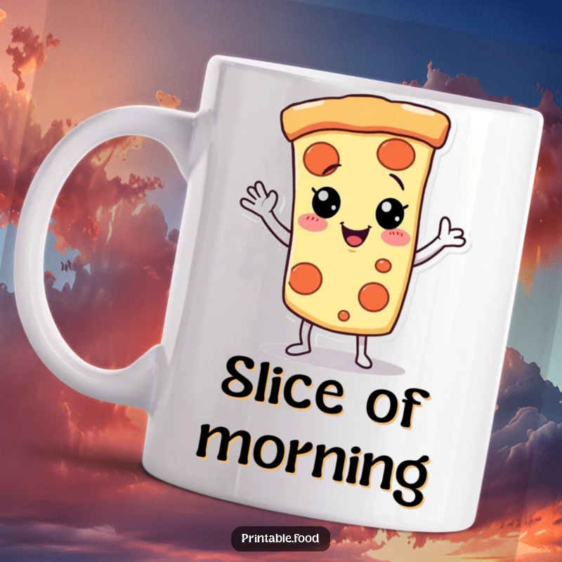 Funny Mug with a giggling pizza slice character joyfully dancing with a playful wave, embodying cheesy fun.