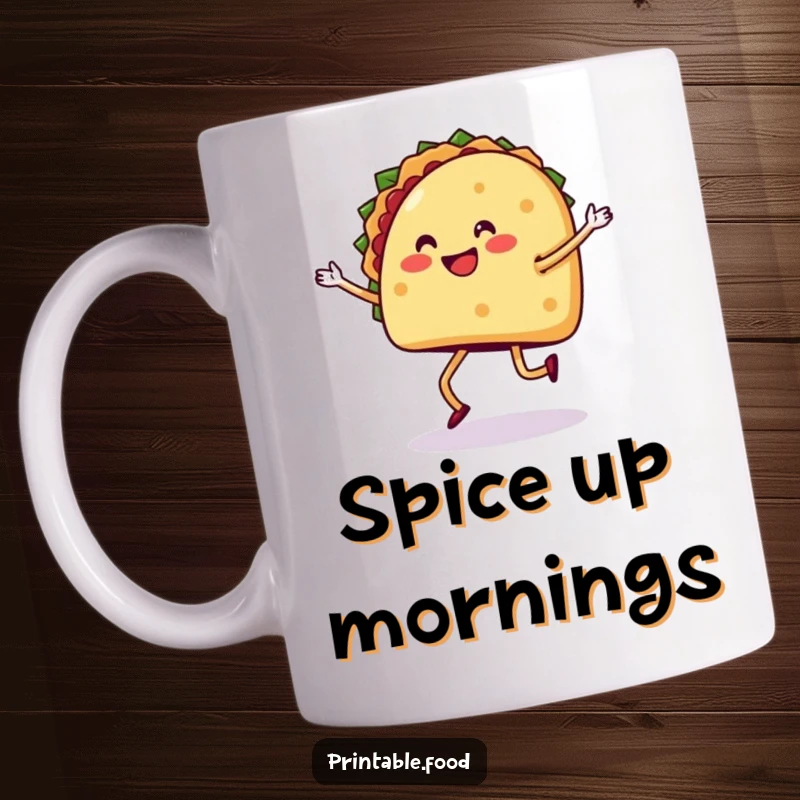 Funny mug featuring a happy taco with legs energetically performing a lively salsa dance, celebrating Mexican cuisine.