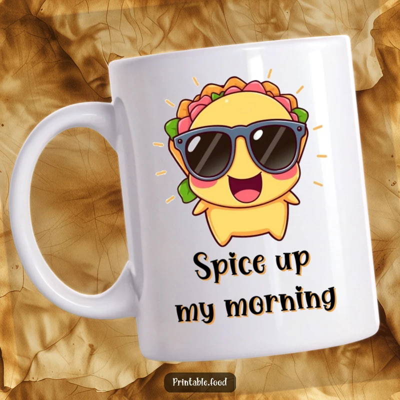 Funny Mug featuring a cheerful taco wearing tiny sunglasses, bursting with laughter, radiating pure joy and fun.