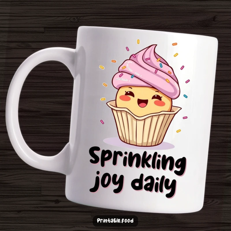 Funny Mug with a cheerful cupcake character joyfully showering colorful confetti from its wrapper, embodying celebration.