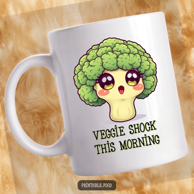 Funny mug with a surprised broccoli floret character showing wide eyes, conveying shock and humor.