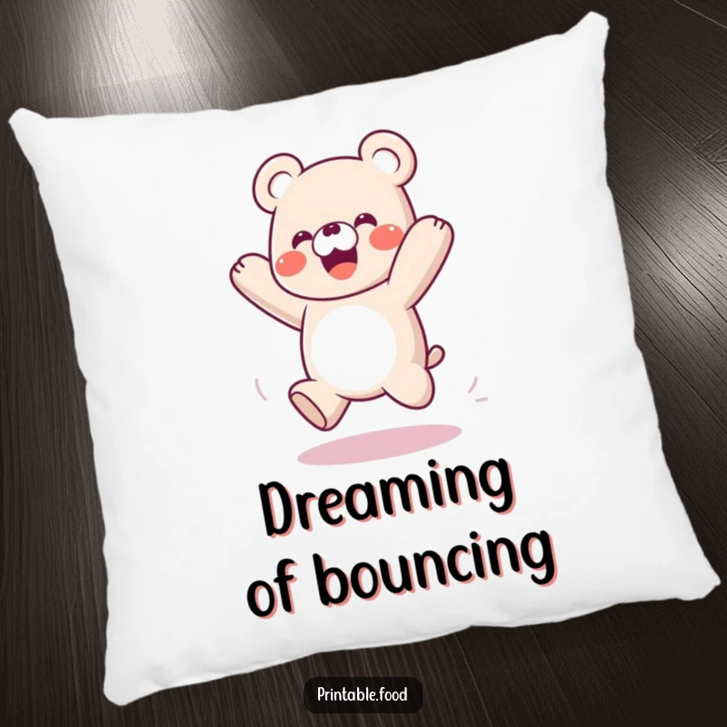 Funny pillow with a playful gummy bear character bouncing like a spring, soft and comfortable.