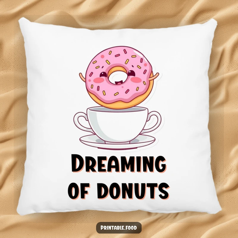Funny Pillow featuring a giggling donut with sprinkles jumping over a teacup, offering plush comfort and sweet charm.