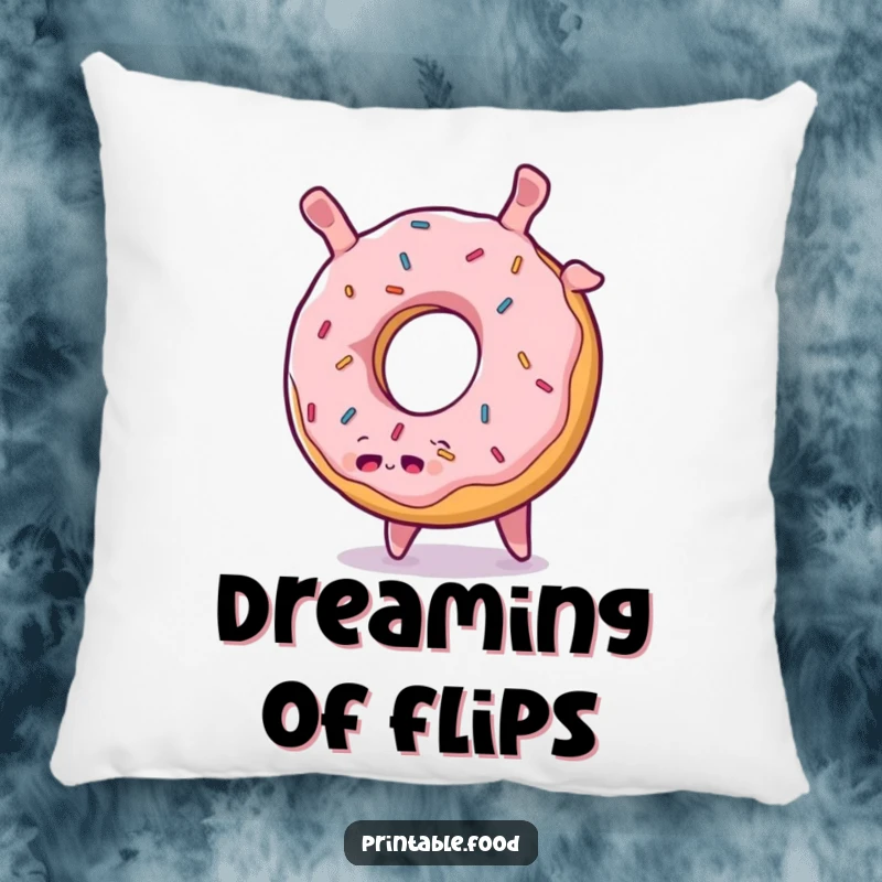 Funny Donut Somersault Pillow: A plump, sprinkled donut character does a cheerful somersault, offering comfort and a dash of delightful humor.