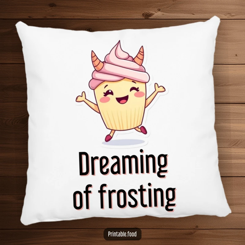 Funny pillow featuring a grinning cupcake with frosting horns, depicted in a playful hopping motion for ultimate comfort.
