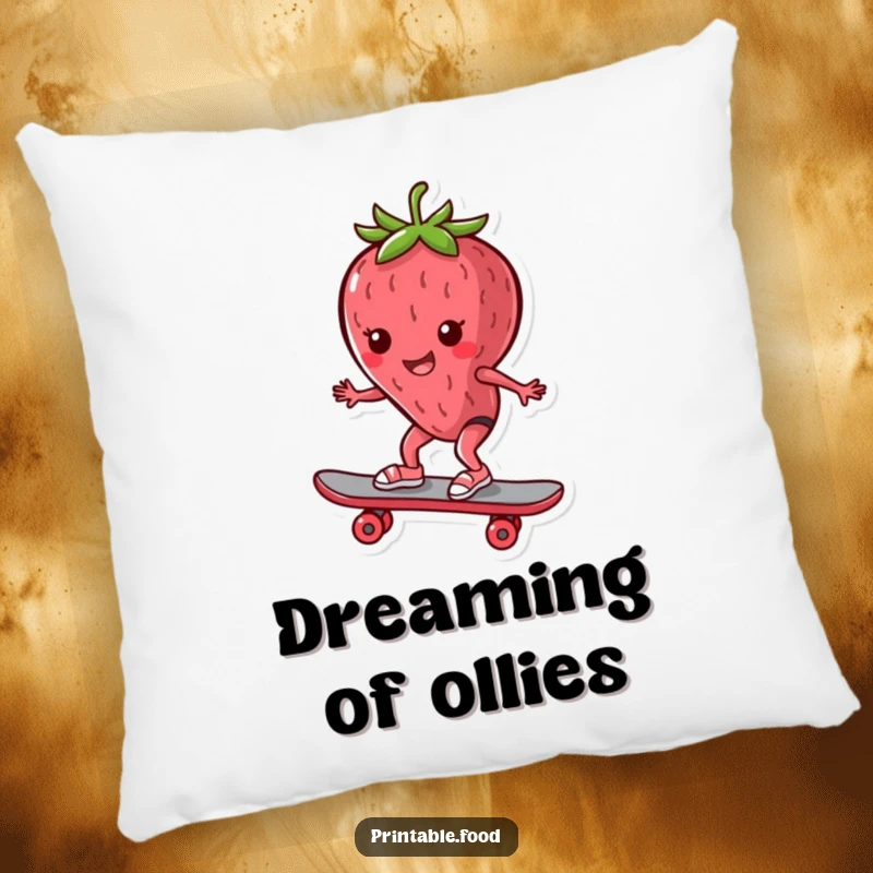 Funny Pillow: A strawberry character comfortably riding a skateboard, a soft and humorous addition to any room.