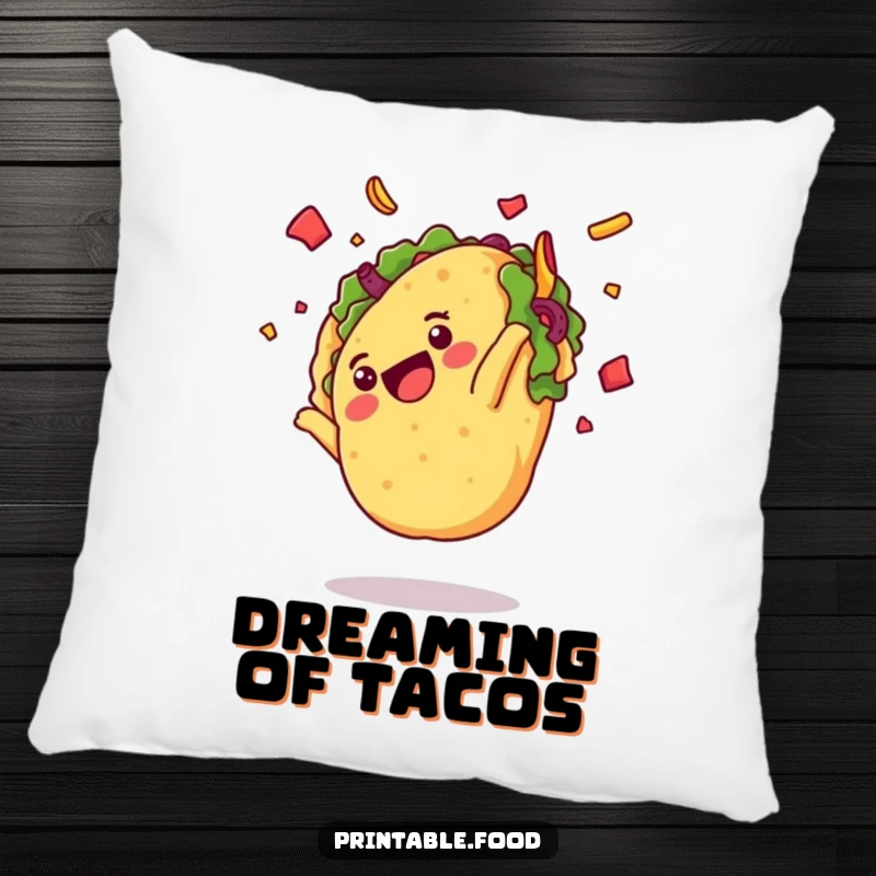 Funny pillow featuring a delighted taco character somersaulting with toppings flying, adding festive and humorous decor.